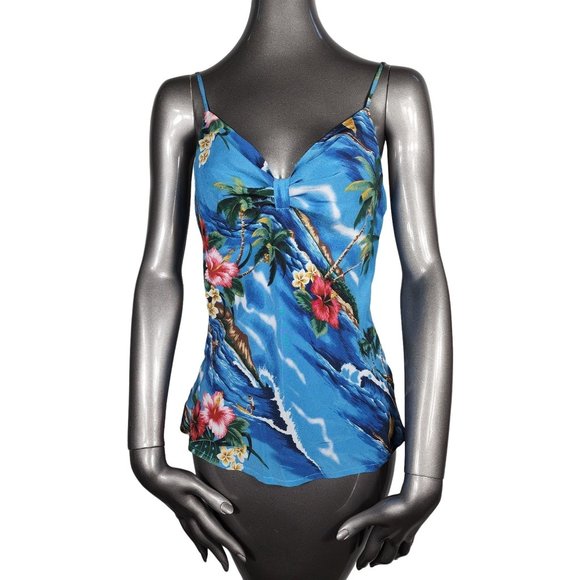 Le Superbe NWT Blue Silk Tropical Blouse Top 4 - Picture 1 of 7